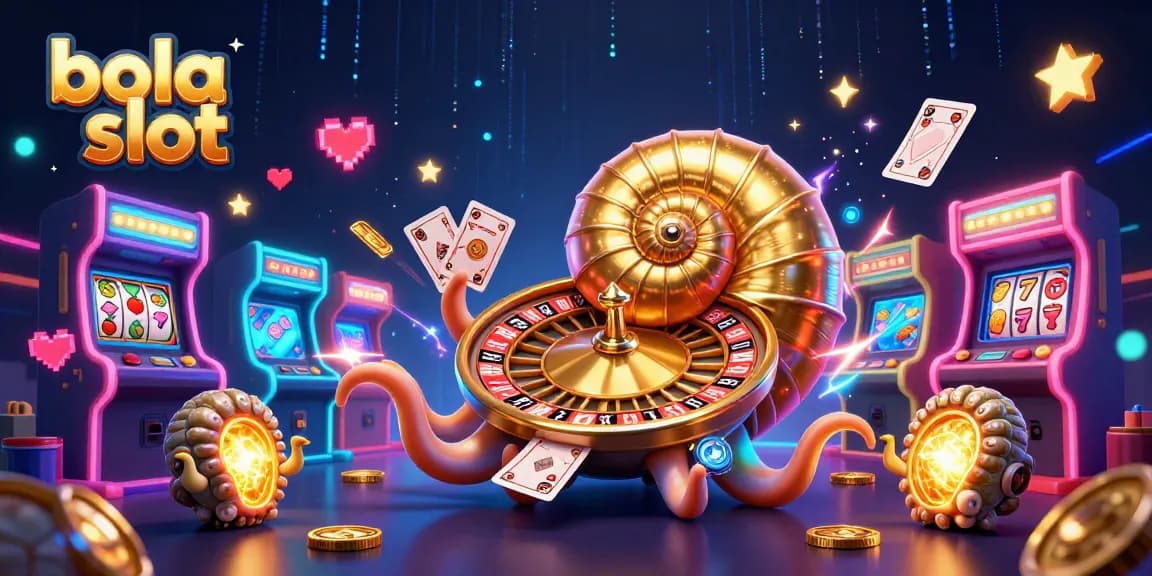 Engage with bola slot games featuring vibrant 3D elements, including a giant nautilus roulette and arcade machines.