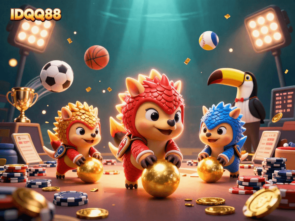 IDQQ88 showcases an exciting dynamic competition between rival pangolins in a vibrant casino scene.