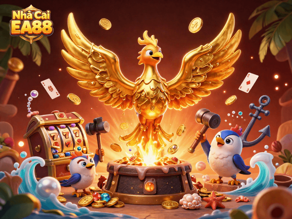 Engage with Nhà Cái EA88 through an exciting gaming illustration showcasing vibrant casino elements and a molten golden phoenix.