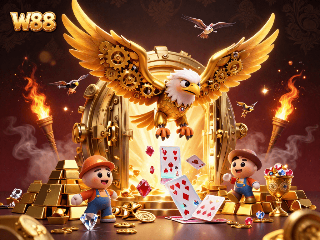 Experience the thrilling dive of the cybernetic golden eagle in W88's vibrant 3D casino world, surrounded by sparkling treasures.