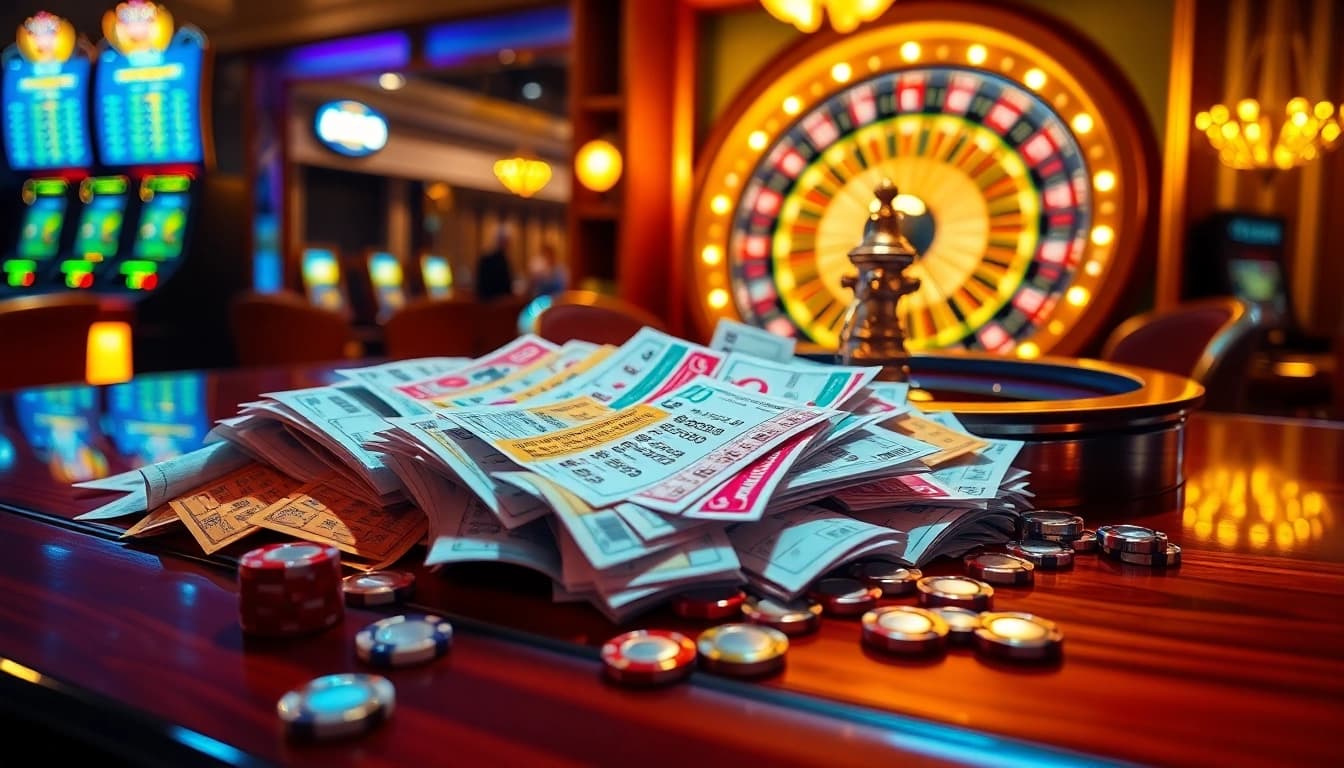 Kết quả xổ số hôm nay showcased in a vibrant casino scene with lottery tickets and a roulette wheel.