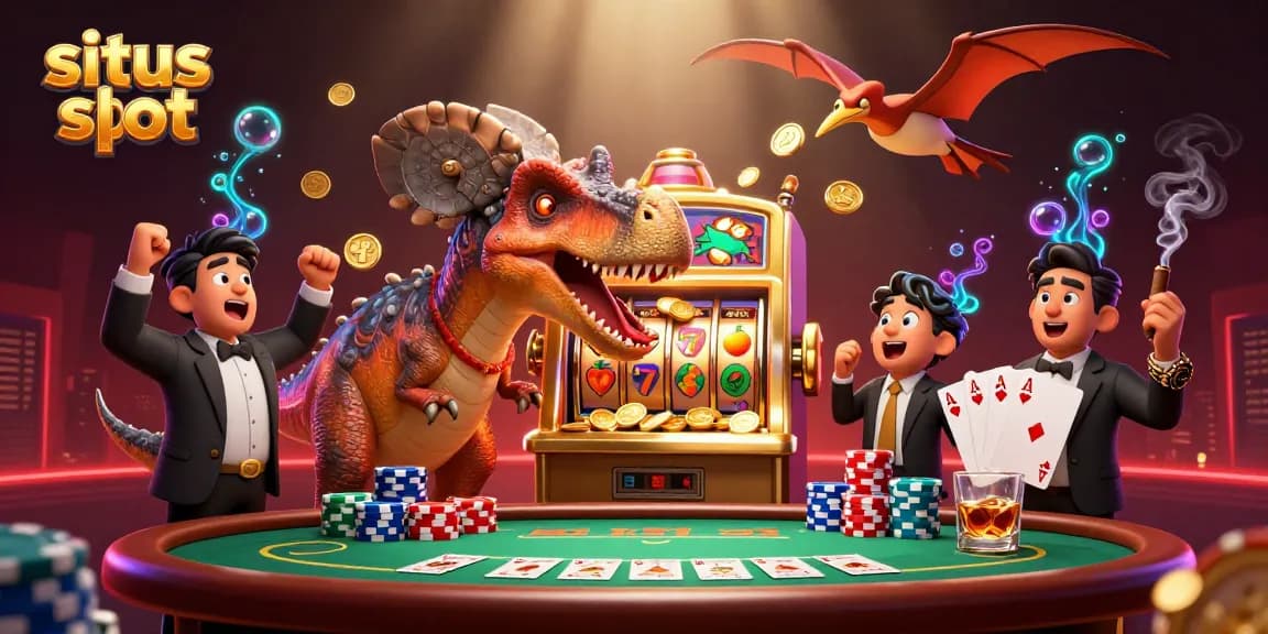 Permainan situs slot dengan dinosaurus beraksi dan koin emas bertebangan di kasino