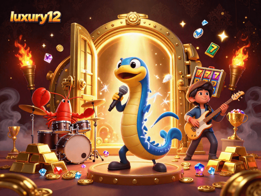 Experience the immersive luxury12 casino scene with an electric eel DJ and vibrant slot elements.