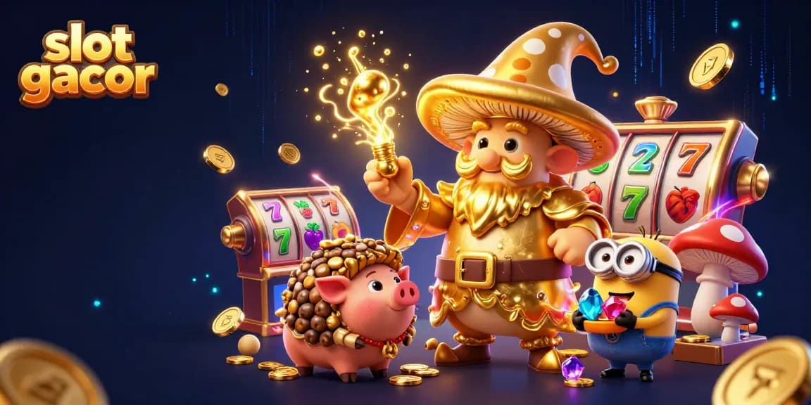 Experience slot gacor magic with golden wizard and treasure in a dynamic casino scene.