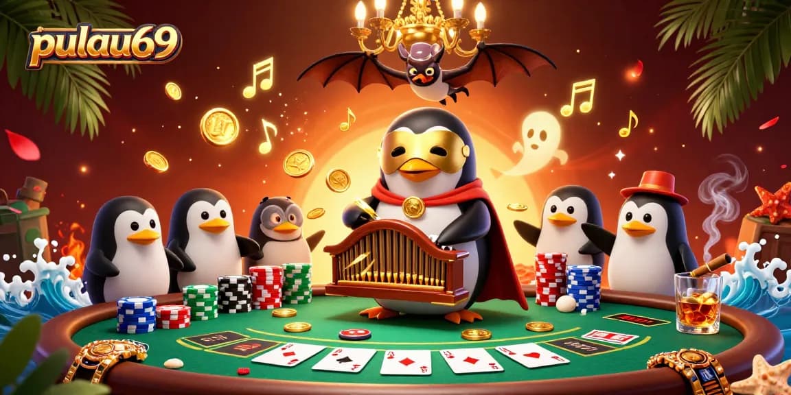 Pulau69 casino scene with a penguin on a pipe organ amidst poker chips and golden coins.