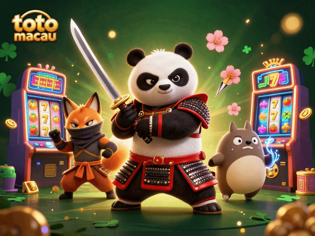 Menang besar dengan toto macau dalam ilustrasi kasino dengan panda samurai dan rubah ninja.