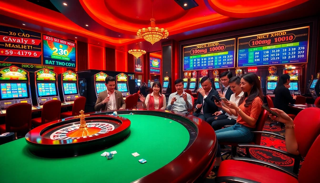 Xổ số 3 miền hôm nay lottery results displayed with excited players in a luxurious casino setting.