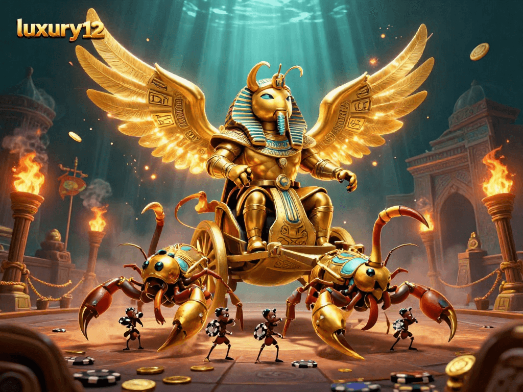 Experience immersive gameplay with luxury12, featuring a golden scarab beetle in a lively casino theme.