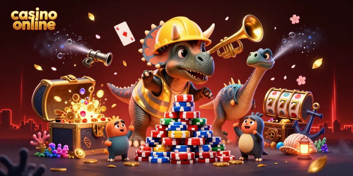 Engaging scene illustrating a vibrant casino online experience with a triceratops and friends amidst colorful gaming elements