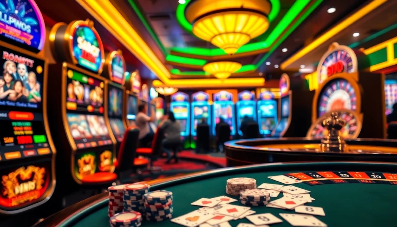 Exciting players engaging with 'nama situs judi slot online' at vibrant casino slot machines.