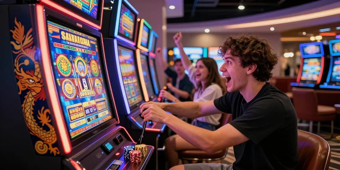 Excited player at slot machine enjoying the thrill of a jackpot win in vibrant casino setting.