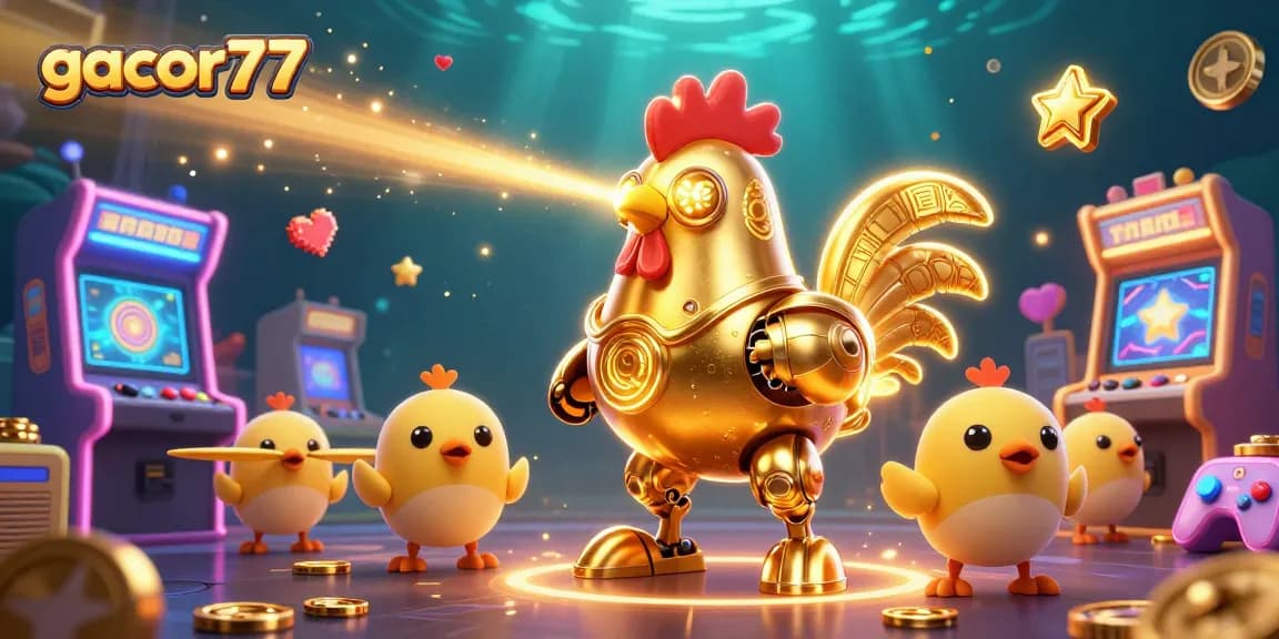 Menang besar dengan gacor77: robot ayam emas futuristik dan drone menari di kasino digital