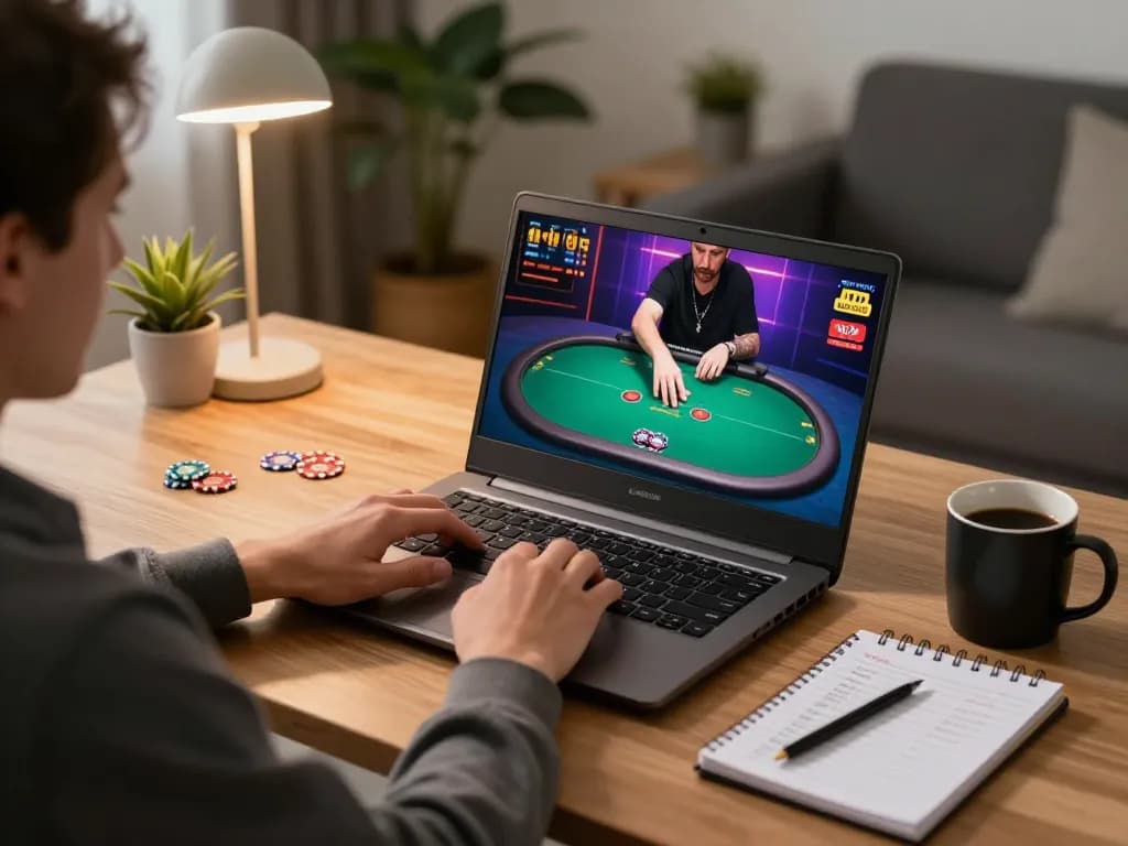 Engaged player using a laptop for qqalfa online poker, showcasing strategy notes in a cozy home office.