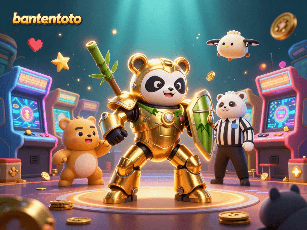 Dalam permainan bantentoto, panda emas mengendarai robot dengan elemen kasino penuh warna.