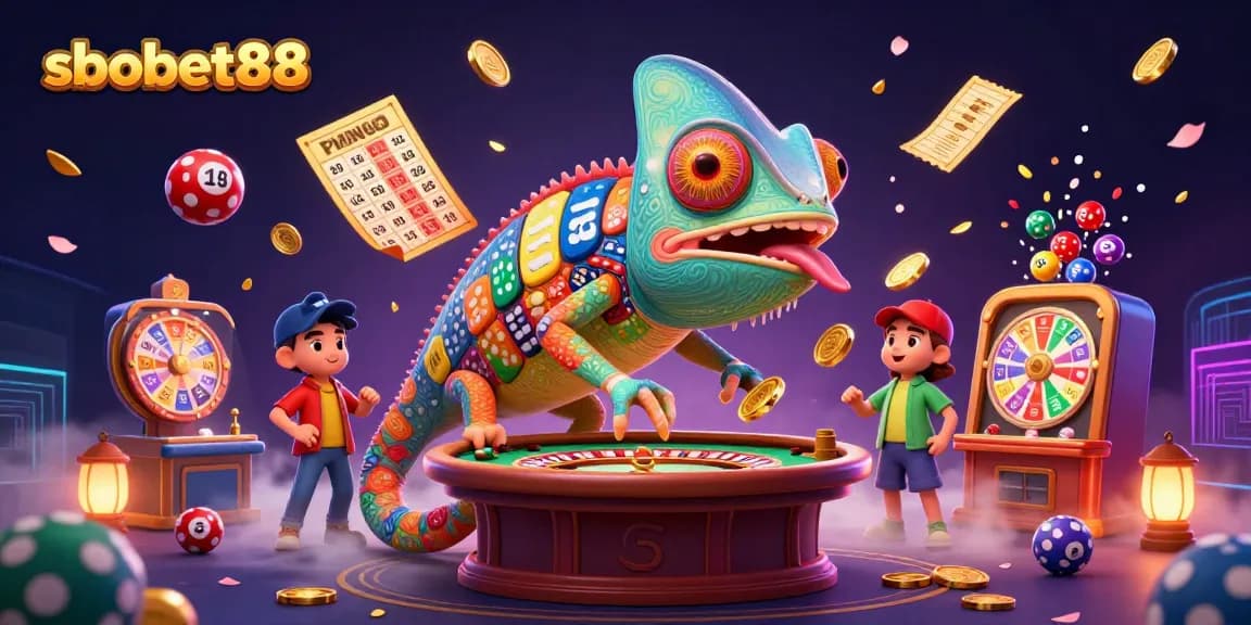 Bet on sbobet88 with a vibrant scene of a chameleon casino owner and colorful lottery elements.