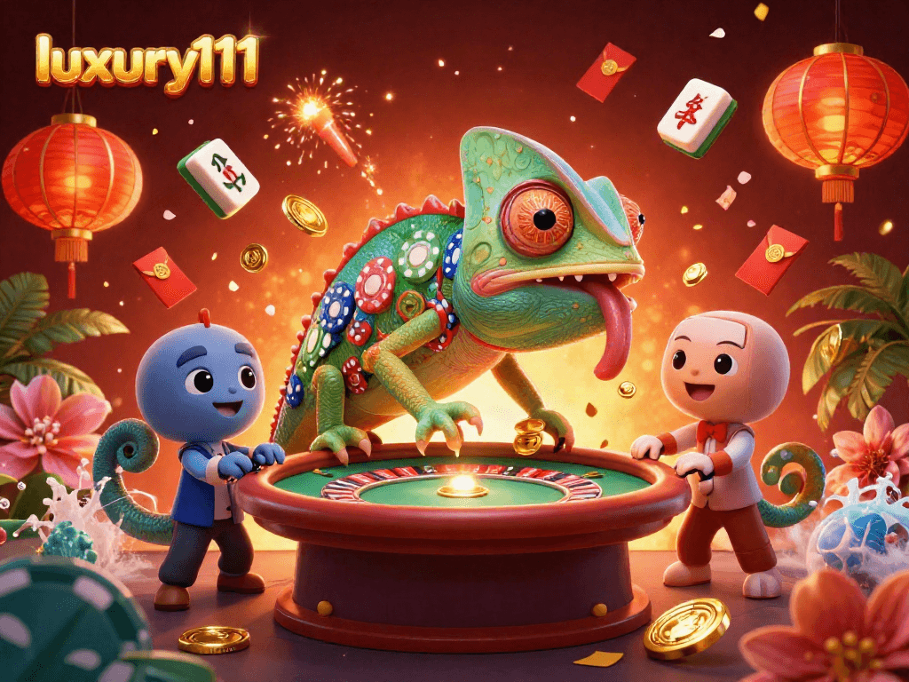 Engage in thrilling gameplay with luxury111 as the vibrant chameleon collects golden coins in a bustling casino scene.