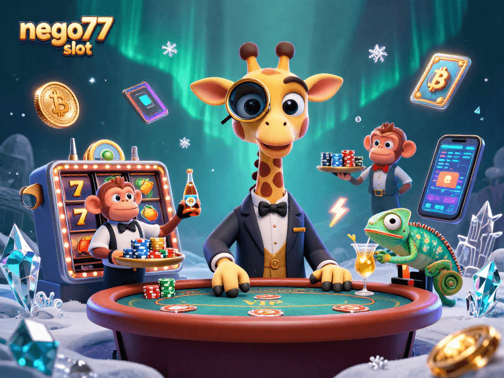 Engage with the excitement of nego77 slot through a vibrant 3D casino illustration filled with dynamic game elements.