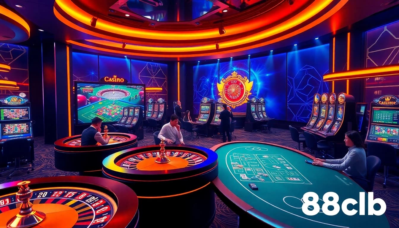 Experience the thrilling atmosphere of 88clb’s online casino with vibrant gaming scenes and engaging players.