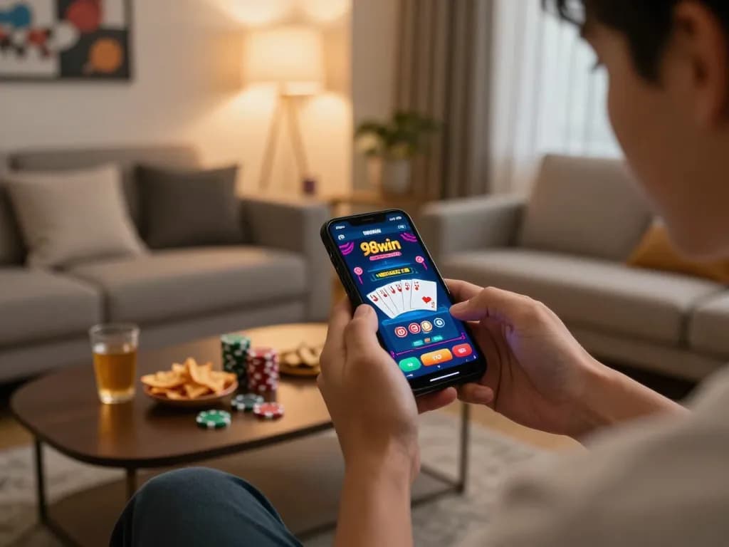Engaging online player immersed in the game 98win with smartphone, demonstrating strategy and focus in a cozy setting.