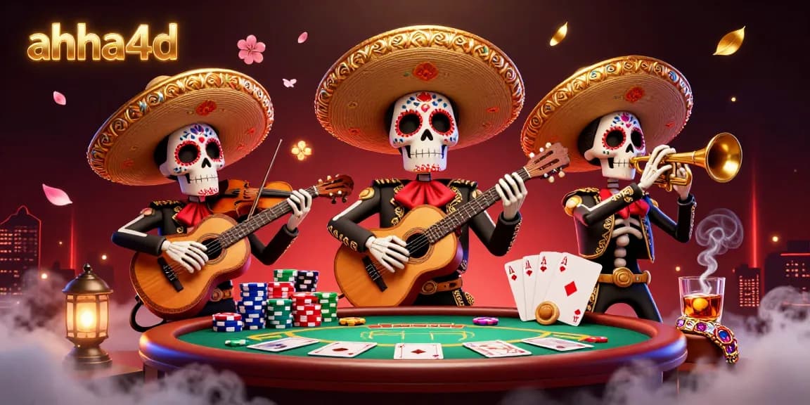 Permainan kasino yang menarik menunjukkan ahha4d dengan band mariachi tengkorak, poker, dan chips berwarna-warni.