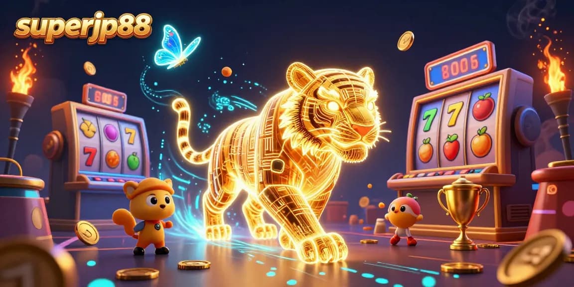 Join the thrilling action at superjp88, showcasing vibrant 3D casino elements and a radiant golden tiger.