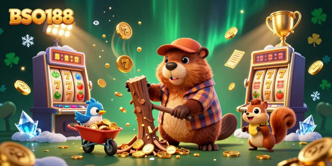Experience thrilling wins with BSO188 as a beaver and friends enjoy exciting slot games and bonuses.