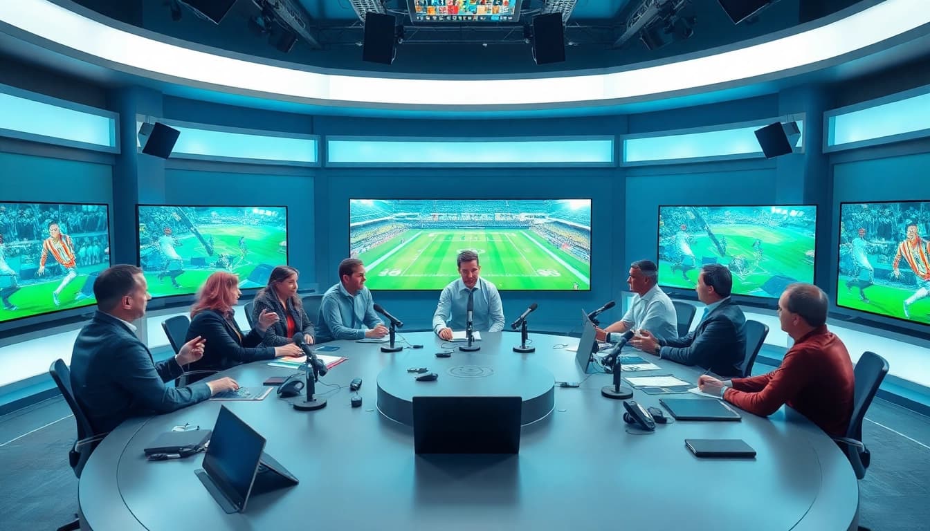 Engaging scene of sports broadcasting professionals discussing live coverage in a dynamic studio.