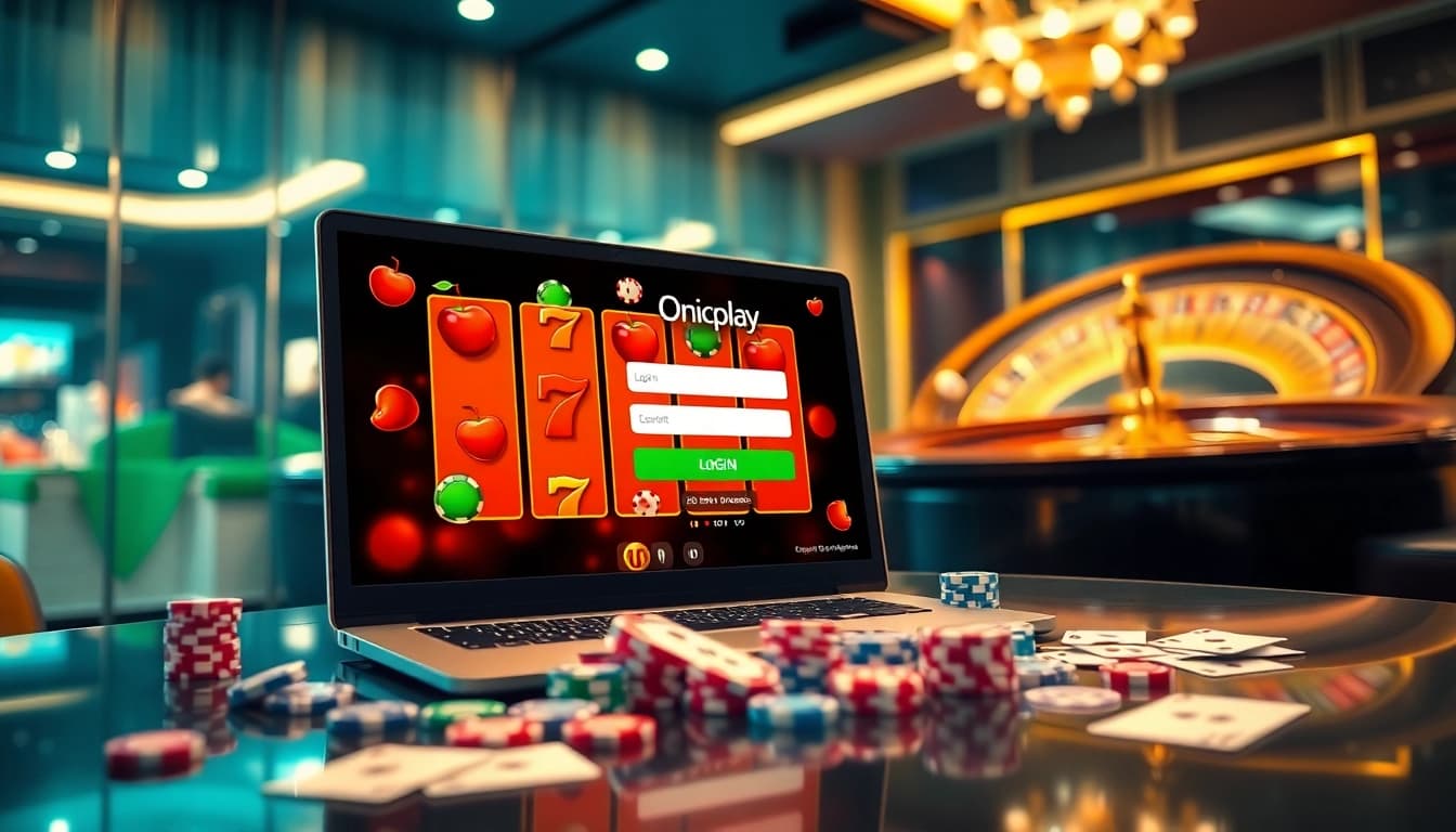 Engage with Onicplay login on a vibrant online gambling interface featuring slot machines and poker chips.