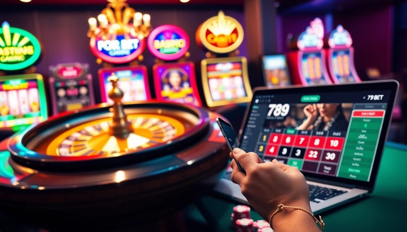 Experience thrilling gameplay with 789 BET featuring poker chips and a roulette wheel in an exciting casino.