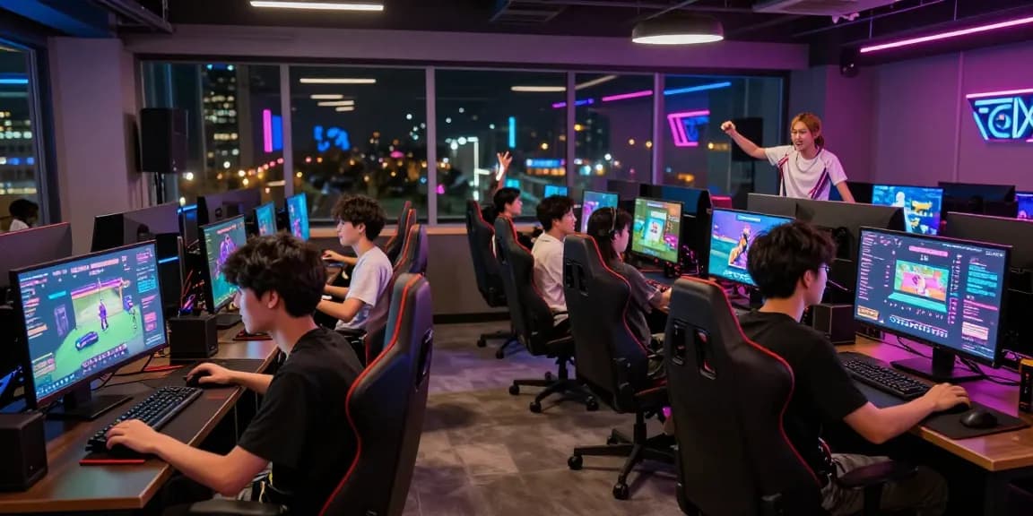 CIKA4D gaming enthusiasts enjoying online gaming experience in a modern lounge setting, vibrant atmosphere.