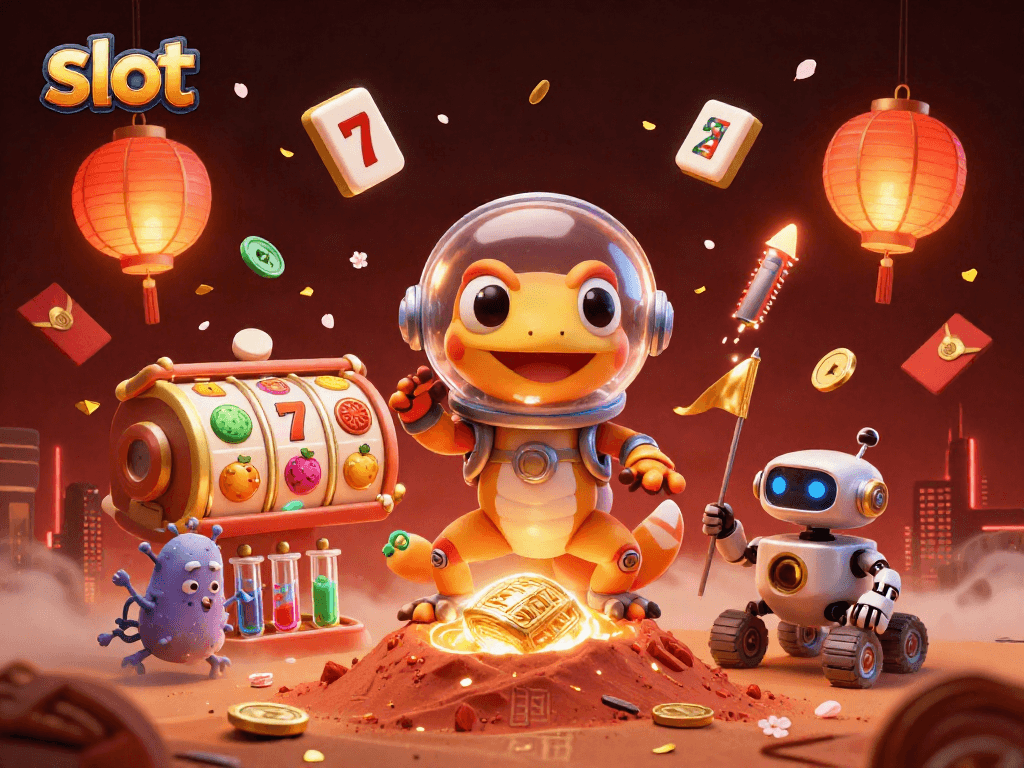 Menggulung slot dengan ilustrasi 3D gecko Mars menemukan kasino emas, dinamis dan penuh warna.