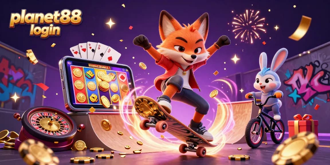 Experience the thrill of planet88 login with a vibrant casino scene featuring dynamic characters and gaming elements.