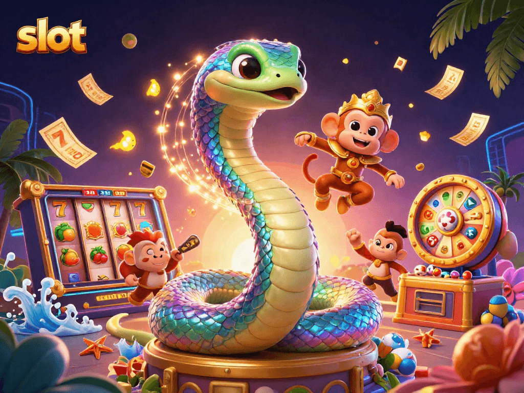 Spin the slot reels with colorful characters and vibrant elements in a magical casino scene