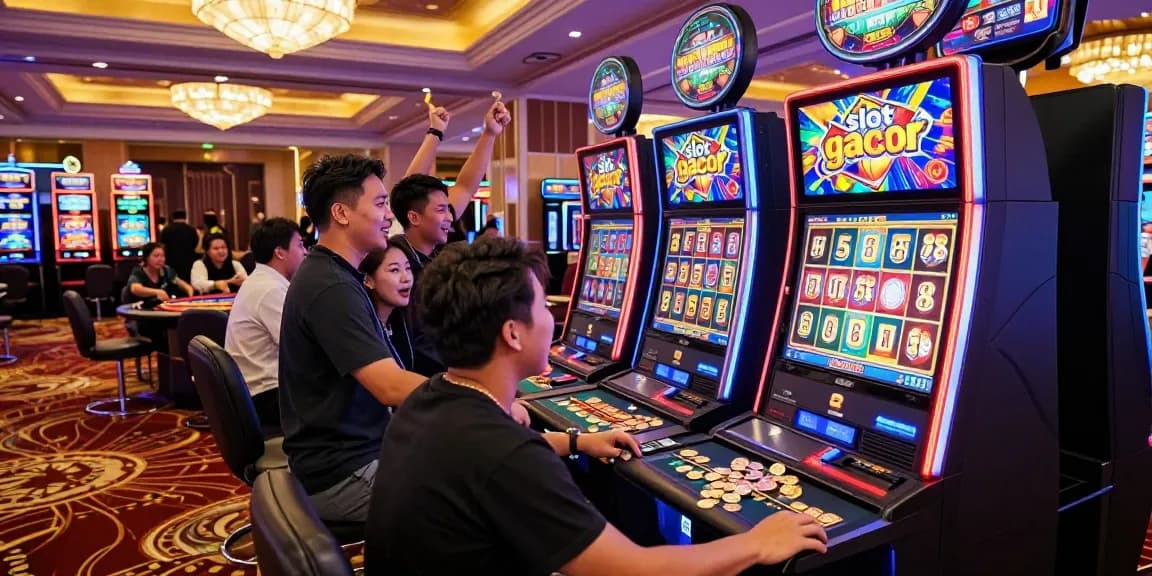 Excited patrons celebrating a big win at a "slot gacor" machine in a lively casino.