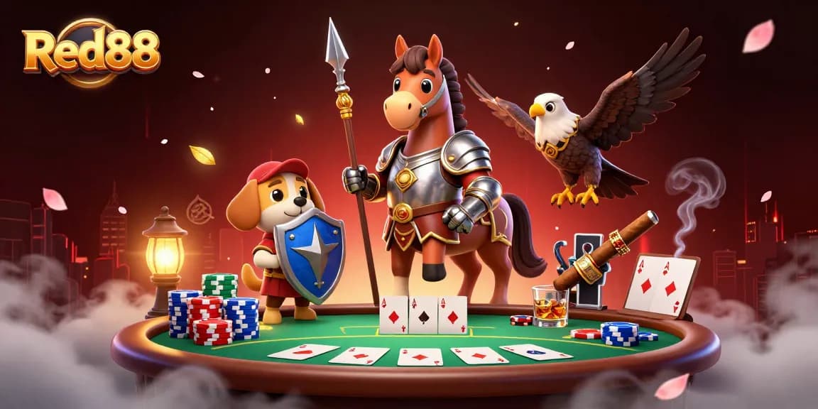 Engage in thrilling games at Red88 with knights, a puppy, poker chips, and a vibrant casino backdrop.
