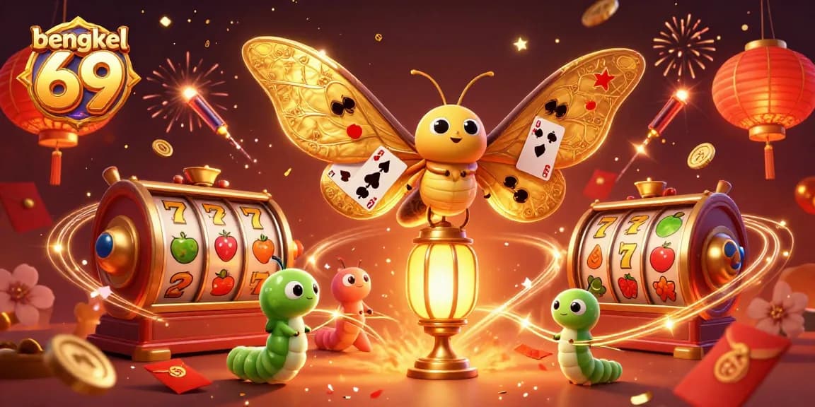 Bengkel 69 showcases a vibrant casino scene with a majestic atlas moth and spinning slot reels.