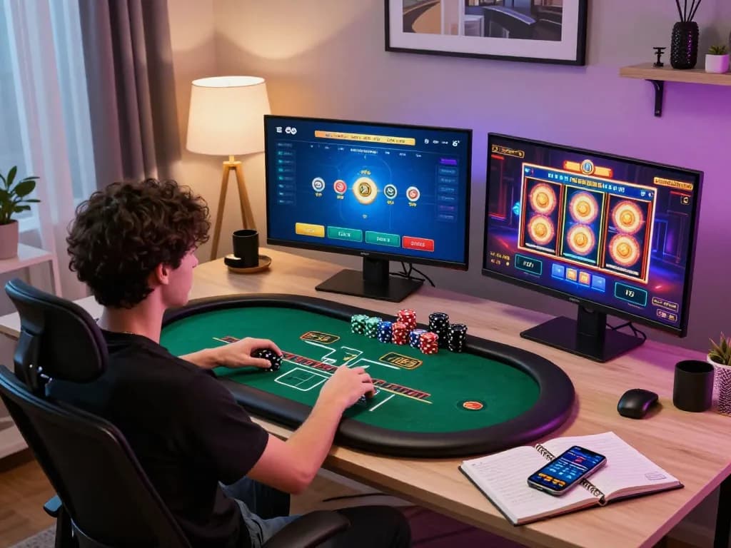 Engaging online gaming scene featuring https://ww88b.com/ on multiple screens, showcasing poker and slot gameplay.