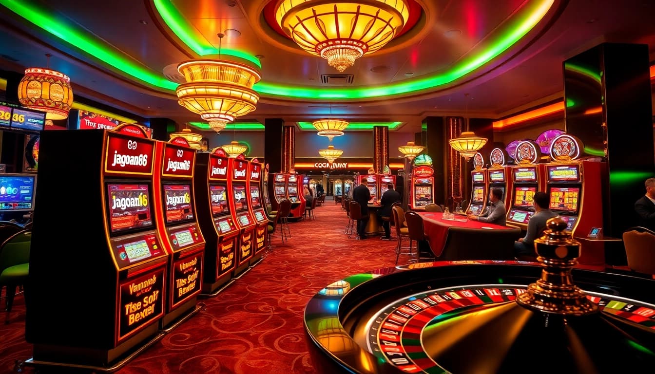 Players enjoying poker and slot machines in a vibrant casino scene with jagoan86 branding.