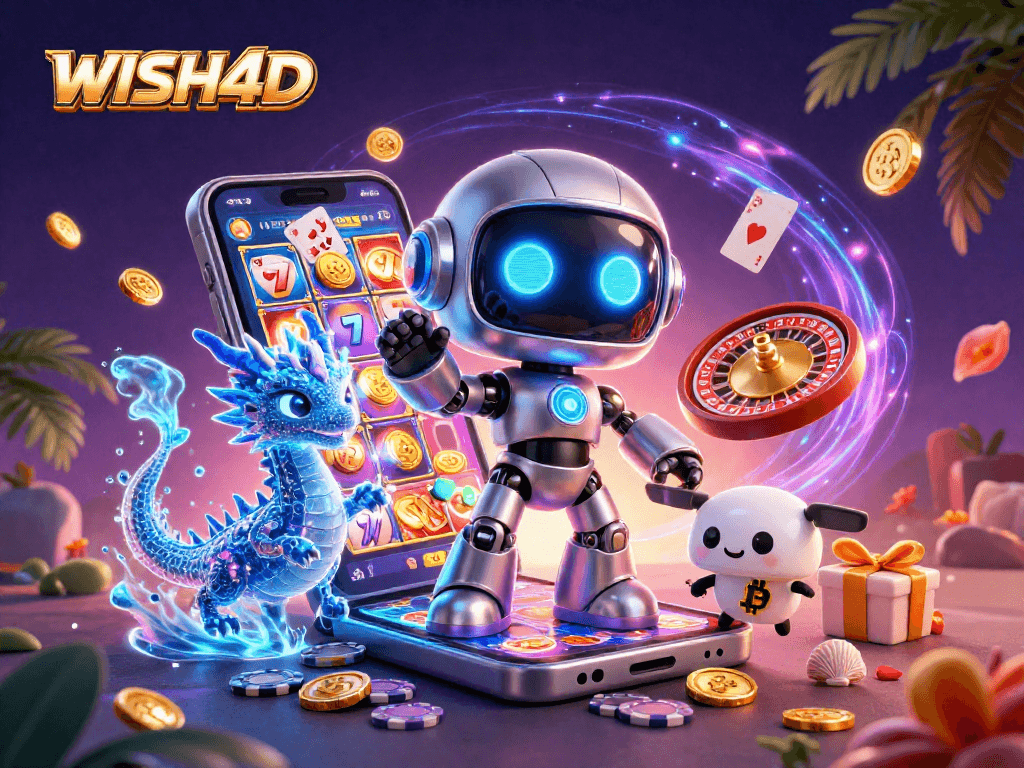 Join the excitement of WISH4D with a dynamic illustration showcasing a vibrant cyberpunk scene filled with casino elements.