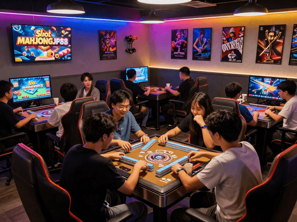 Slot MAHJONGJP88 gameplay scene in a vibrant gaming cafe with players enjoying Mahjong.