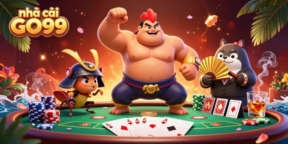 Engage with nhà cái GO99 through a vibrant gaming scene featuring animated characters and poker elements.