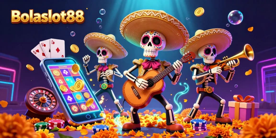 Bolaslot88 showcases a vibrant scene with a mariachi band and dynamic casino gaming elements for a festive gaming experience.