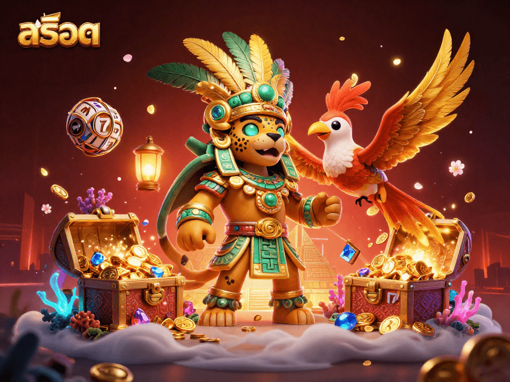 Engaging illustration showcasing สล็อต themes with a Mayan priest, treasures, and slot game elements in vibrant colors.