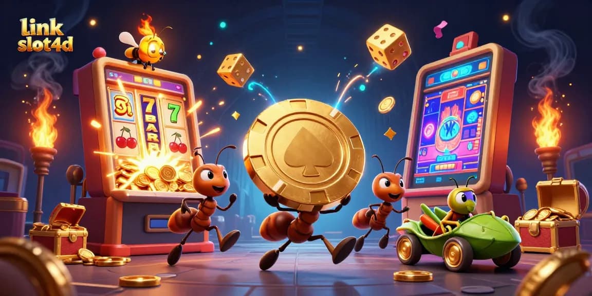 Topup cepat di link slot4d dengan ilustrasi kartun kasino yang menarik dan dinamis.
