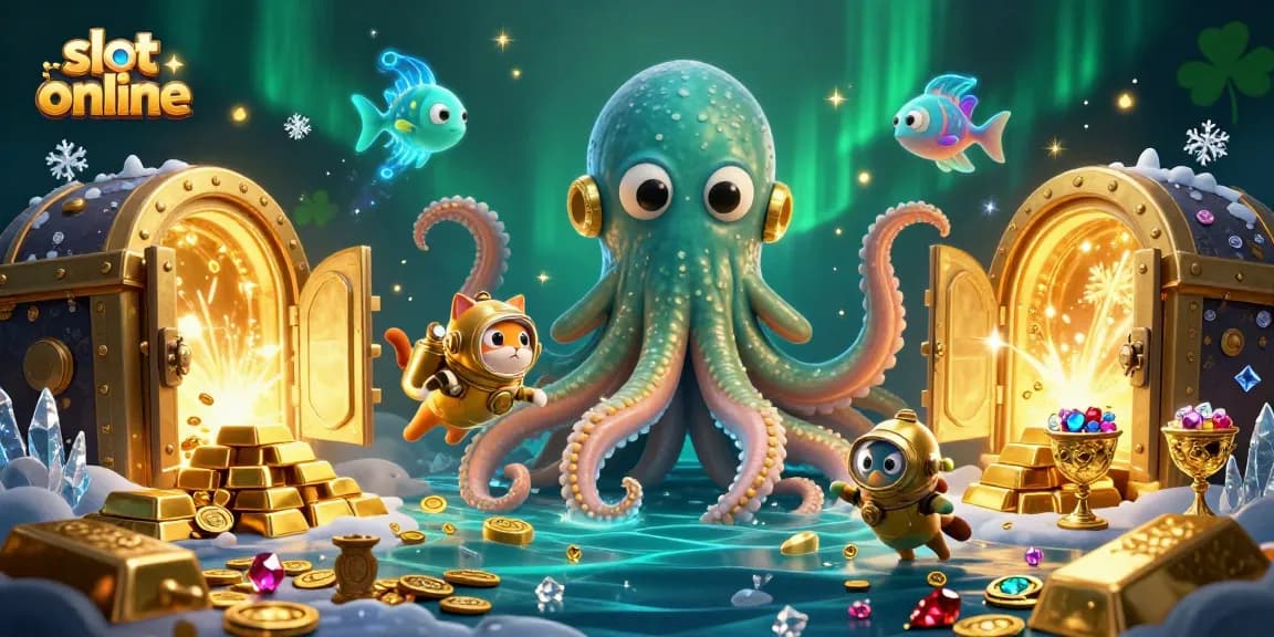Slot online dengan kraken besar dan ikan bioluminescent di lautan harta yang berkilauan.