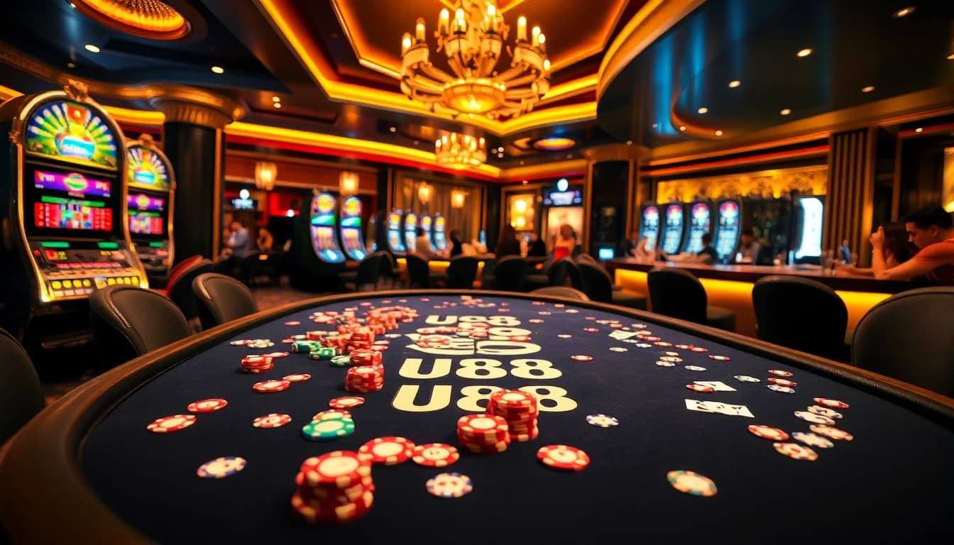 Experience live gaming at the U88 poker table with colorful chips and cards.