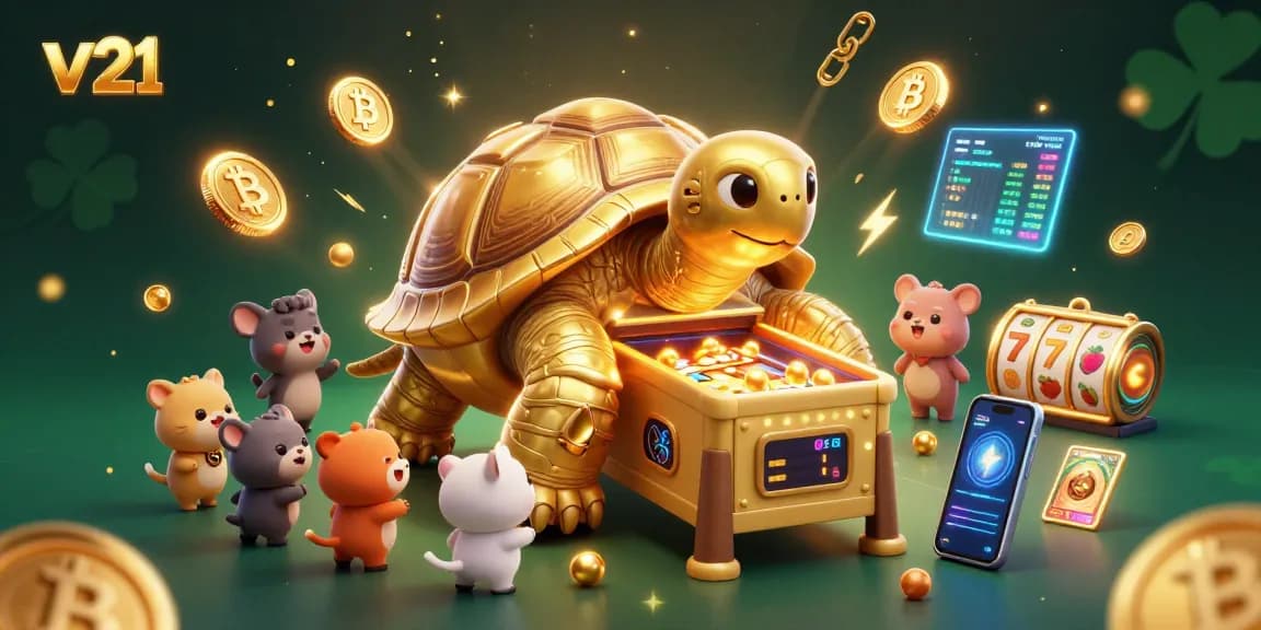 Mainkan v21 slot sambil dikelilingi karakter lucu, koin crypto, dan efek menarik.