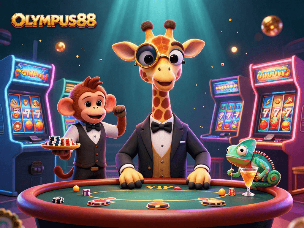 Play slots with OLYMPUS88, featuring vibrant characters and casino elements in a dynamic illustration.