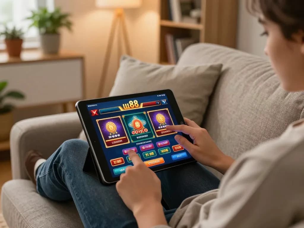 Engaging with the uu 88 casino app on a tablet at home for online gaming.