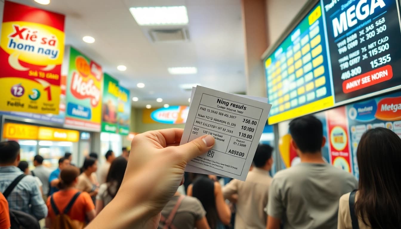 Xổ số hôm nay results being checked amid excitement at a lottery sales point.